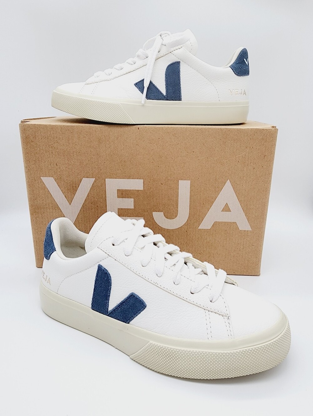 VEJA Campo California Extra White and Blue Leather Sneakers Size 6 or 37
